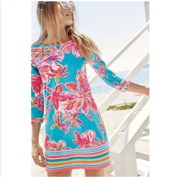 Lilly Pulitzer Dress XS Linden Sea Blue Via Sunny Floral 3/4 Sleeve - Picture 1 of 7